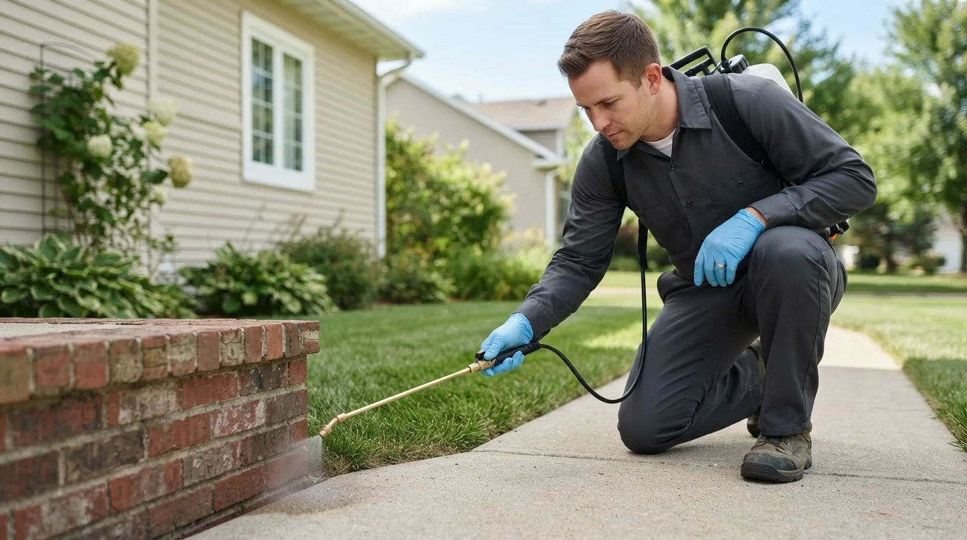 Pest control technician treating a home near Culver, OR